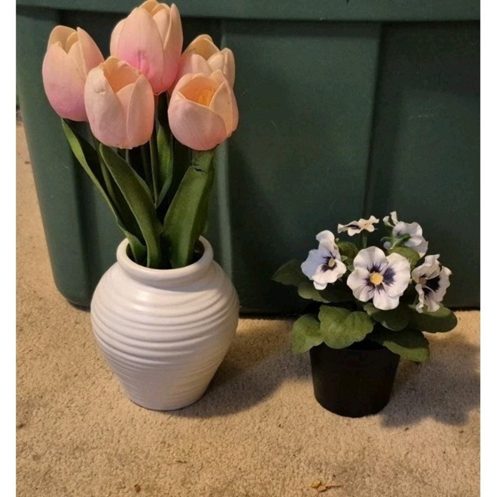 Artificial Tulips in Vase + Potted Flowers Decor Set Home Decor